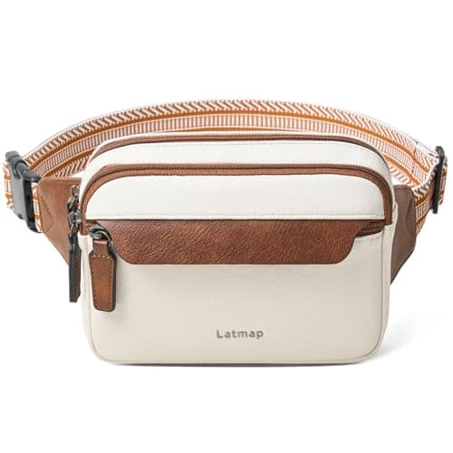 Image of LATMAP 3L Fanny Packs for Women Cross Body Bag Vegan Leather Chest Belt Bag Fashion Waist Pack Small Bum Bag Crossbody for Travel Running Workout, Beige with Brown