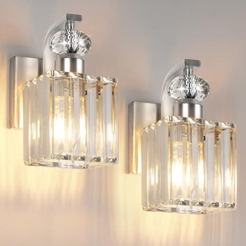 Image of Vikdio Wall Sconces Set of 2, Nickel Wall Sconce with Crystal Lampshade, Modern Vanity Lights for Bathroom, Wall Lights for Living Room Bedroom, Includes 2 LED Bulbs