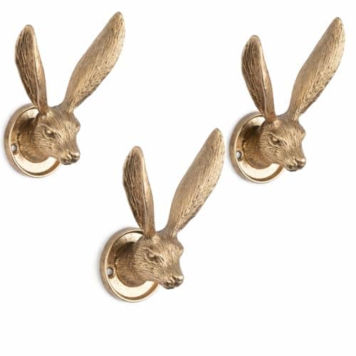 Image of Fyne-Finds Set of 3 Gold Metal Hare Hook Wall Mounted Rabbit Head Vintage Animal Coat Hook Keys Towels Clothes Bathroom Bedroom Home Decor