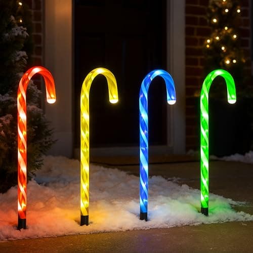 Image of Just For Christmas Candy Cane Lights - 4Pack, 40 Multicolour LEDs, Battery Operated Xmas Outdoor Pathway Stake Lights