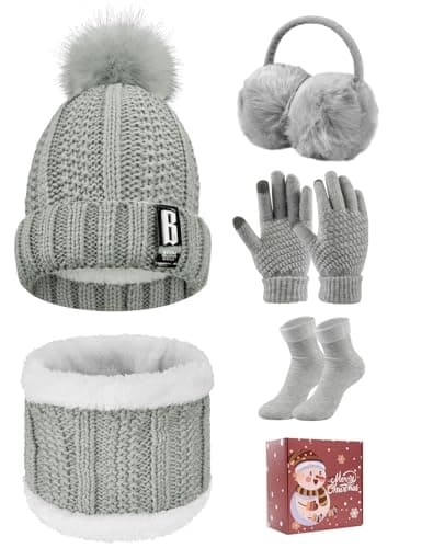Image of Tuopuda Knitted Hat and Scarf Set 5 PCS Winter Set,Plush Ear warmers Warm Knitted Scarf Beanie Hat and Touch Screen Gloves Set Women Thermal Socks for Skiing Hat Outdoor Sports(Grey-Gift Pack)