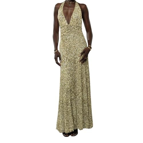 Image of Edhomenn Women Sexy Floral Print Halter Maxi Dress Summer Sleeveless Backless Ruched Waist Bodycon Dress (Green, L)