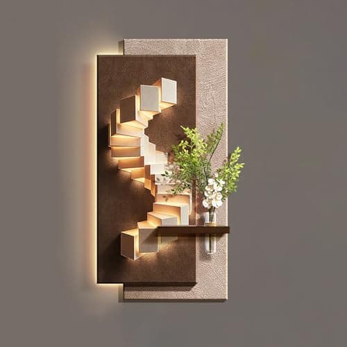 Image of 3D Sandstone LED Wall Decor, Modern Geometric Cube Textured Painting with Integrated Flower Vase & Ambient Backlighting for Living Room Bedroom Office