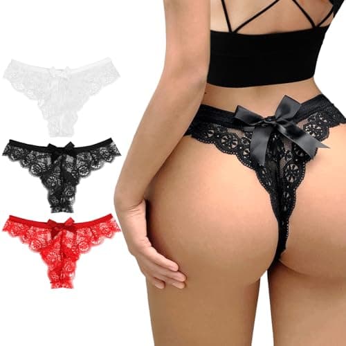 Image of Telooco 3 Pack Lace Bow Thongs Women Sexy Panties Low Waist Panties V-Shape Naughty Cheeky Underwear for Bride (Large)