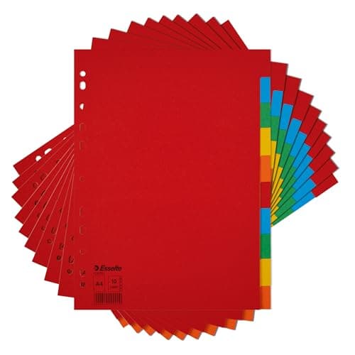 Image of Esselte 10 Packs A4 Card File Dividers, 10 Parts Coloured Folder Dividers for Ring Binders and Lever Arch Files, Made from durable, Eco Friendly Recycled Card