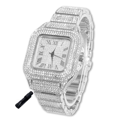 Image of HALUKAKAH Diamonds Watch Iced Out for Boy Teens - Platinum Plated - 40mm Square Dial - 20cm Length Adjustable Wristband, with Watch Adjuster Tool - Goldfoil Giftbox