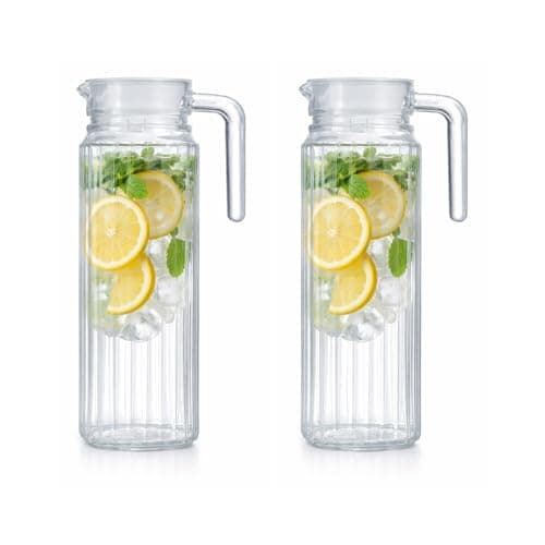 Image of UNIQUE HOME LIVING Water Jugs for Fridge, Set of 2 Glass Jug with Lid, Glass Carafe for Cold Water Iced Tea Coffee Milk & Juice, Jug Pitcher Ribbed Design with Lid, Spill-Free Spout, 33oz / 1 Litre