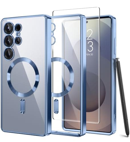 Image of Magnetic Case for Samsung Galaxy S25 Ultra with Screen Protector,[Compatible with MagSafe][Full Camera Protection]Slim Military Shockproof Plating Phone Cover for Galaxy S25 Ultra,Blue/Clear