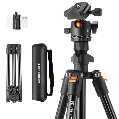 Image of K&F CONCEPT 64inch/163cm Camera Tripod, Lightweight Aluminum Travel Outdoor Tripod with Ball Head Load Capacity 8kg, Phone Holder, for DSLR Cameras O2341A1+BH-36