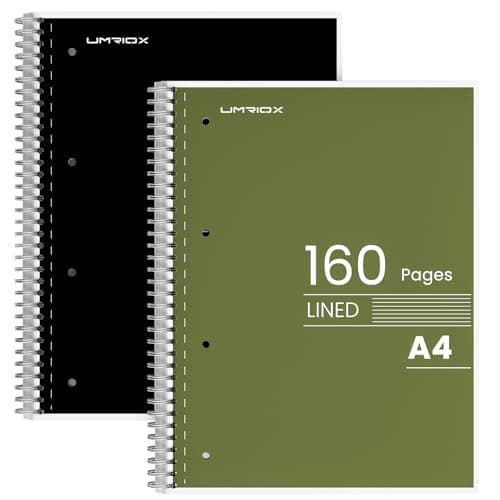 Image of Umriox A4 Notebook, 8 mm Lined Wirebound Notebook with 4-Hole Punch Margins, 160 Pages Premium Paper College Ruled Journal with Perforated Edges, Pack of 2 Notepads - Black+Green