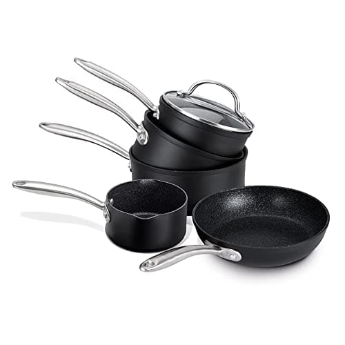 Image of Prestige SG Alu 4+1pc Set with Bonus Milkpan (16/18/20cm Cov Saucepan, 29cm Fry + free milkpan), Black