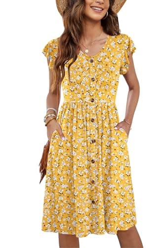 Image of MOLERANI White Women Summer Dresses Ruffle Sleeve V Neck Casual Swing Elastic Waist Midi Dress with Pockets Yellow Flower M