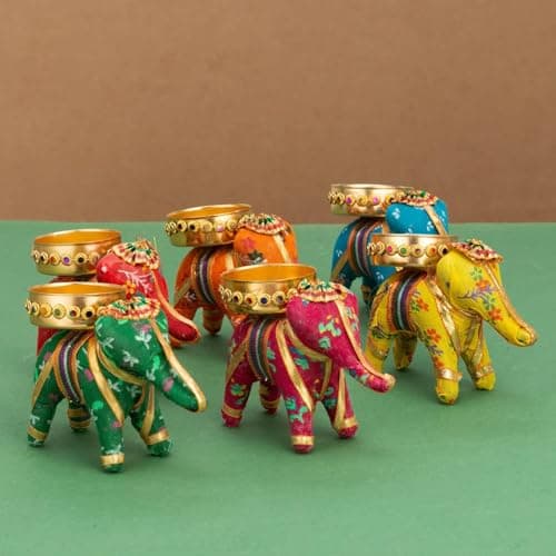Image of ZIG ZAG Handcrafted Elephant Tealight Candle Holder Set of 5 for Home Decor, Diwali, Pooja, Church, Christmas, and Festive Celebrations - Multicolor (8 x 5 x 10 cm)