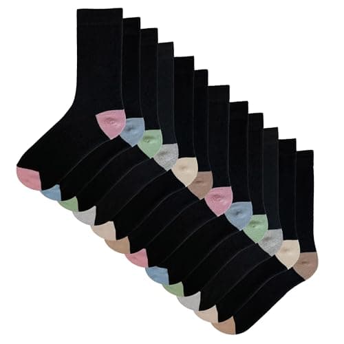 Image of The Essentials Wardrobe Ladies 12 Pack Contrast H&T Socks - UK 4-8/EU 37-41 - Black - New