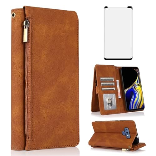 Image of Asuwish Compatible with Samsung Galaxy Note 9 Wallet Case Tempered Glass Screen Protector Zipper Leather Flip Cover Card Holder Stand Cell for Galaxies Note9 Gaxaly Glaxay Not S9 Women Men Brown