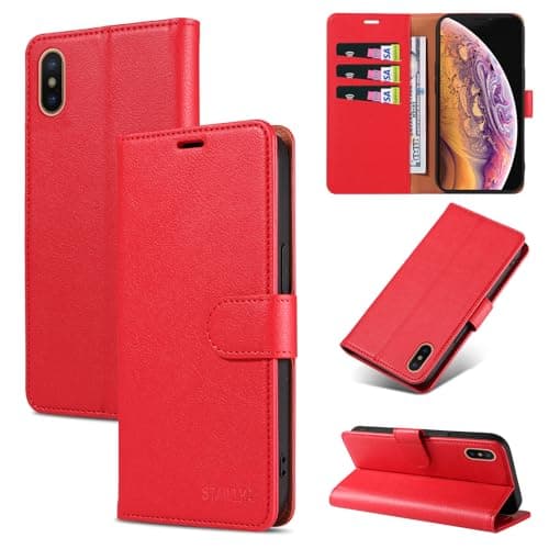 Image of STAWLKA Case for iPhone XS Max, Premium PU Leather Flip Magnetic Buckle Wallet Case Kickstand Blocking RFID Shockproof Protective Phone Cover for iPhone XS Max - Red