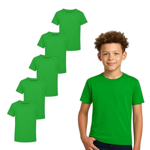Image of Boys & Girls T-shirts For Kids (Pack of 5) | Cotton, Plain, Short Sleeve, Comfortable & Durable Tops in MultiColor | Best For School, Sports, Travel & Outdoor Activities | Irish Green , 5-6 Yrs
