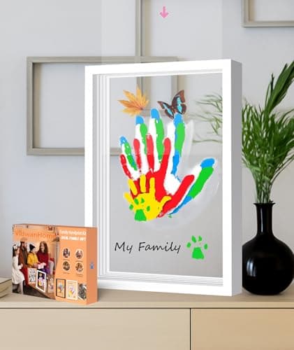 Image of Family Handprint & Hand Casting Kit – DIY Craft Keepsake with Wooden Frame, Non-Toxic Paints, Baby Footprin Kit – Perfect Gifts for Grandparents, New Parents & Families (White, 4 Transparent Sheets)