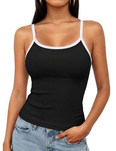 Image of Aottori Tank Top Women UK Summer Sleeveless Scoop Neck Vest Tops Spaghetti Straps Cami Ladies Sexy Backless Slim Fit Ribbed Shirts Black L