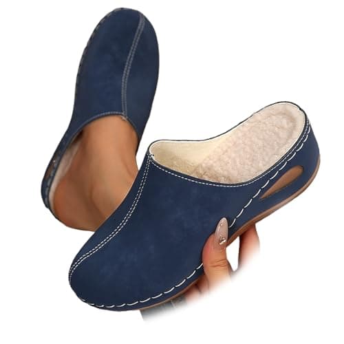 Image of ZPLMIDE Women's Cozy Warm Cushioned Insole Winter Plush Slip-On Moccasin Slippers,Womens Fur Lined Slip on Mules Clogs Wedge Platform Suede Backless Loafers (6,Navy Blue)