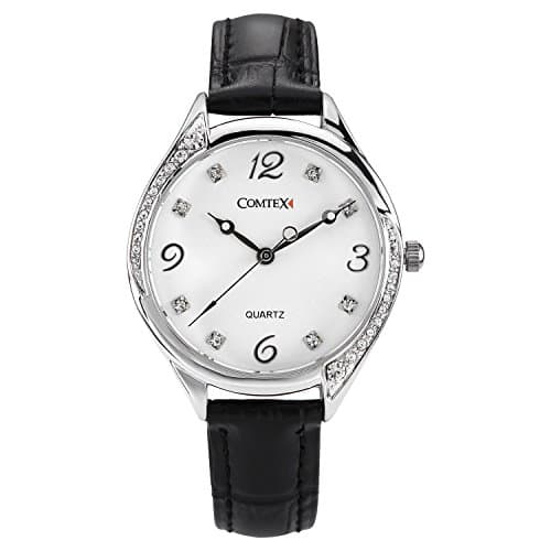Image of COMTEX Women’s Watches Black Leather White Dial Crystal Diamond Number