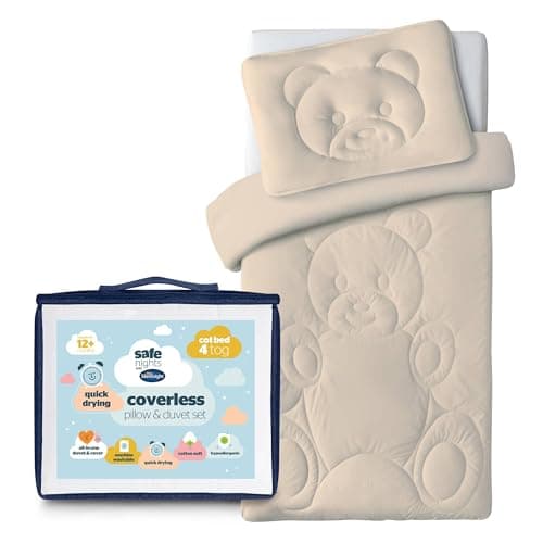 Image of Silentnight Safe Nights Coverless Cot Bed Duvet & Pillow Set - Teddy Bear Motif Soft Cotton - 4 Tog Quilt Blanket - Slim & Supportive Pillow for Kids Toddler, Machine Washable, Cot Bed