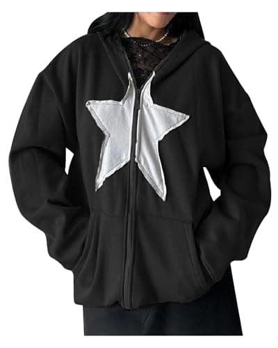 Image of Felcia Women Y2K Star Print Zip Up Hoodies Long Sleeve Loose Fit Hooded Jacket Vintage Aesthetic Punk Harajuku Oversized Sweatshirt (Navy Blue D, S)