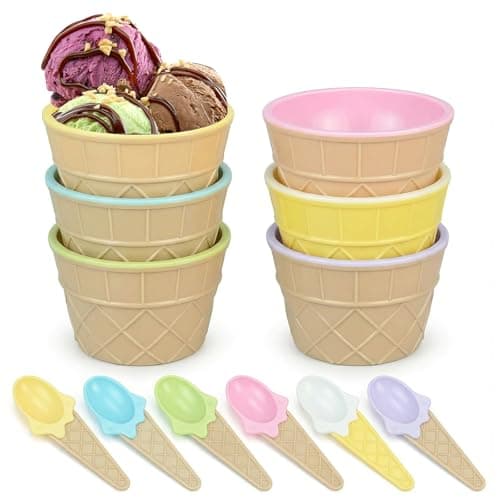 Image of YancLife Set of 6 Ice Cream Dessert Bowls with Matching Spoons, Reusable Waffle Cup Style Sundae Bowls, Multi-Colored Tableware for Family Parties, BBQs, Picnics, Fruit Salad, Snacks (Style 2)