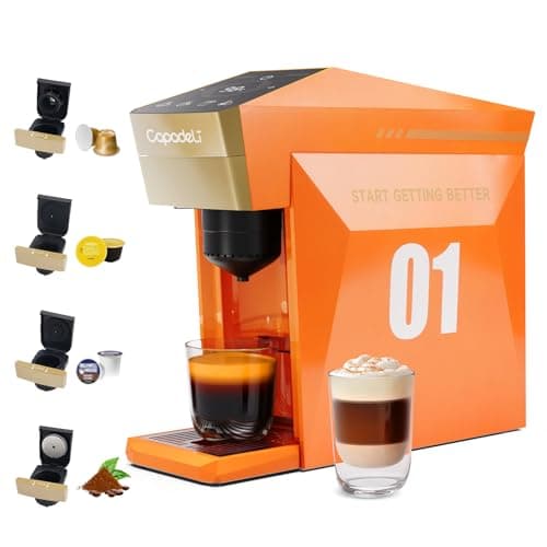 Image of RECAFIMIL Multifunctional 4 in 1 Espresso Machine, 19Bar Pressure Single Serve Coffee Maker for Nespresso Original Capsule K-cup Capsule LOR Dolce Gusto Ground Coffee, Orange