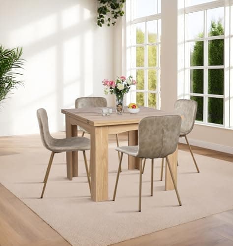 Image of Hallowood Furniture Newquay Oak Flip Top Dining Table and Chairs Set 4, Extending or Folding Table and Chairs in Taupe Faux Leather Upholstery and Wood Effect Metal Legs for Home and Café