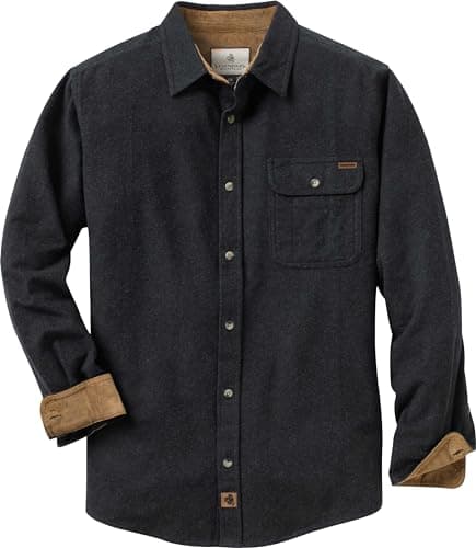 Image of Legendary Whitetails Men's Buck Camp Flannel, Long Sleeve Plaid Button Down Casual Shirt, Corduroy Cuffs, Black Heather, Medium