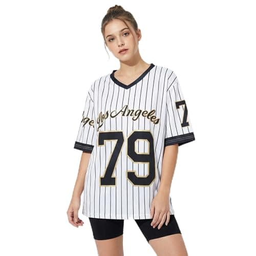 Image of Zidoley Jersey Tops for Women, y2k Fashion Ladies Oversized t Shirts, V Neck Sports American Football/Baseball Jersey, Going Out Summer Varsity Top (UK, Alpha, S, Regular, Regular)