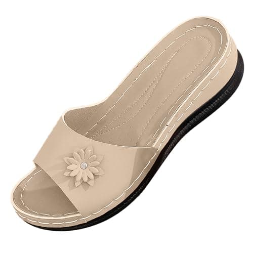 Image of 2026 Sandals for Women Summer Solid Slip On Casual Open Toe Comfortable Beach Shoes Slippers (Beige, 5.5)