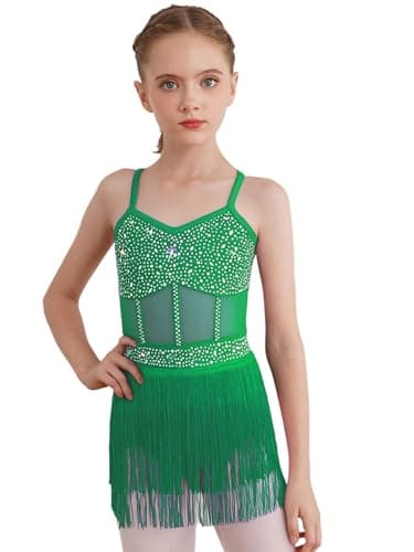 Image of FEESHOW Kids Girls Sparkly Rhinestone Tassel Dress Latin Jazz Ballroom Salsa Fringe Skirted Leotard Dance Dress Green 7-8 Years