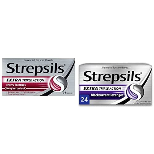 Image of Strepsils Extra Triple Action Cherry Lozenges X 24, for Sore Throat & Extra Triple Action Blackcurrant Lozenges x 24, for Sore Throat