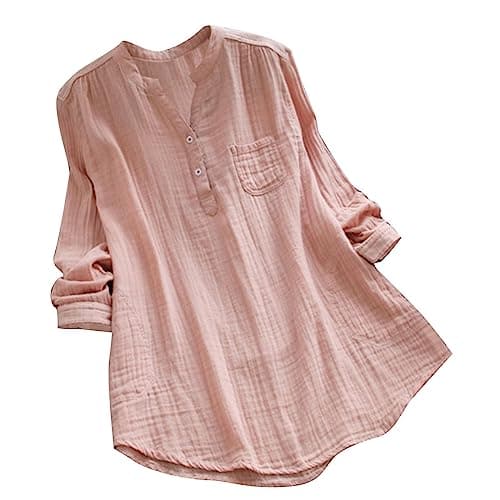 Image of Gauze Linen Shirt Women UK Plus Size, Ladies Cotton Linen T-Shirts Elegant Long Sleeve Button Henley V Neck Casual Lagenlook Longline Summer Blouses Boho Plain Tee Shirt Long Tunic Tops Pink