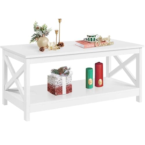 Image of Yaheetech Wooden Coffee Table, 2 Tier Coffee Table with Open Storage Shelf for Living Room, Modern Style Centre Tea Table End Table For Home, Office, Furniture, White