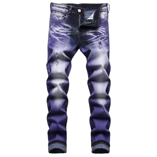 Image of JENY-LUCK Men's Stretch Skinny Jeans Slim Fit Distressed Tapered Leg Stretch Biker Denim Pants Men's Ripped Slim Fit Skinny Destroyed Distressed Straight Leg Jeans