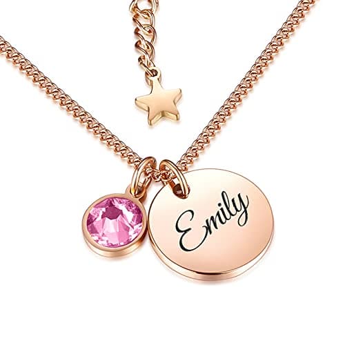 Image of TMT Personalised Birthstone Name Necklace with Gift Box engraved for Daughter Mum Best Friend Girlfriend Birthday 18th 21th 30th 16th 13th Letter Initial Necklace Pendant