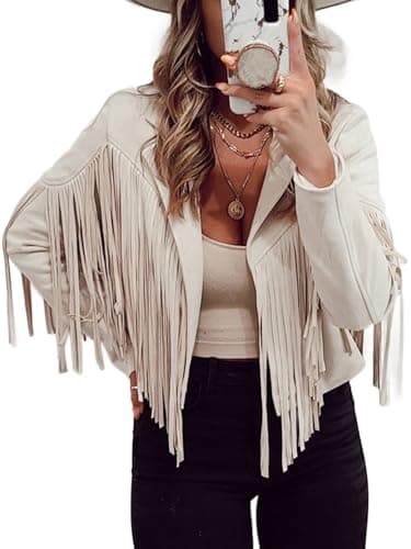Image of Bibowa Faux Leather Jackets For Women Trendy Cowgirl Outfits Fall Western Fringe Cropped Jacket 2025 Tassel Motorcycle Crop Coats Winter Beige M