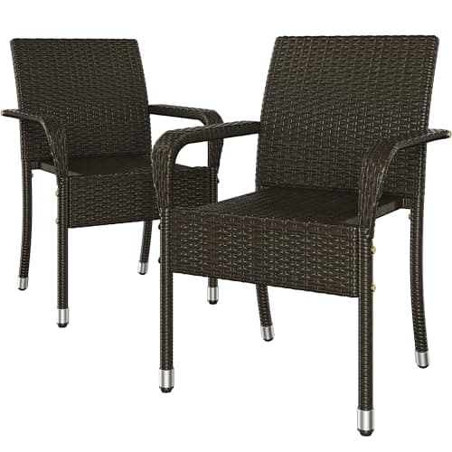 Image of Yaheetech Set of 2 Rattan Stackable Outdoor Garden Chair Lightweight All-Weather w/Armrests for Patio, Backyard, Poolside, Brown