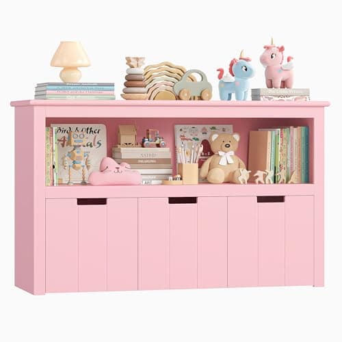 Image of FOREHILL Kids Toy Storage Cabinet with Rolling Wheels 3 Drawers Children's Bookcase Storage Unit Pink for Living Room 102 x 33 x 61.5 cm