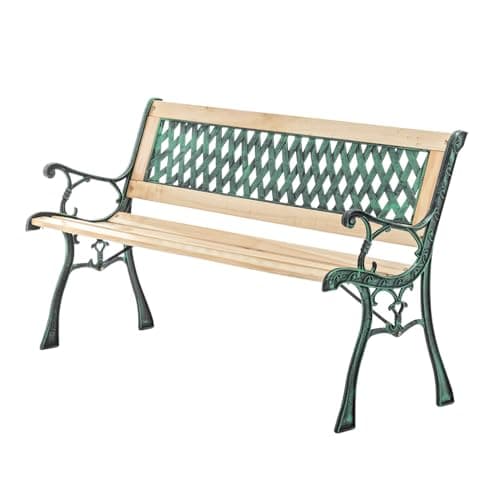Image of BIRCHTREE 3 Seater Wooden Slat Garden Bench Seat Lattice Style Cast Iron Legs