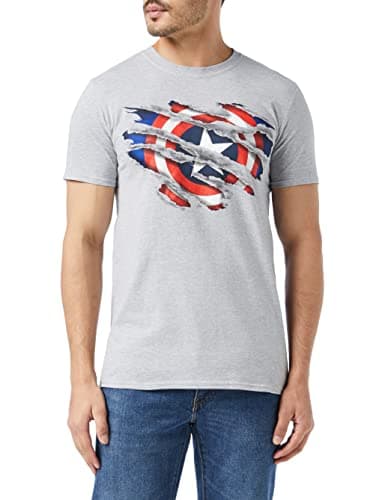 Image of Marvel Men's Captain America Torn T Shirt, Grey Heather, XXL UK
