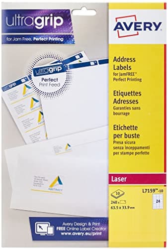 Image of Avery JamFREE, Printable, Address Labels, Customisable, 63.5 x 33.9mm, White, 24 Labels per Sheet, 240 Blank Labels per Pack (L7159-10)