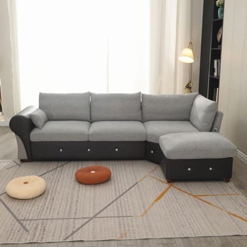 Image of Panana Fabric and Faux Leather Corner Sofa 4-5 Seater L Shape Sofa with Built- in USB Port Chaise, Light Grey