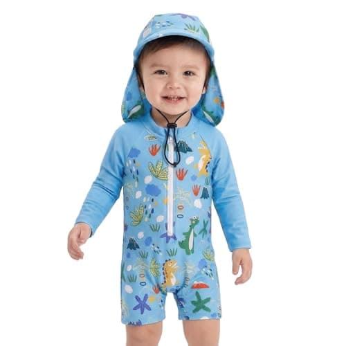 Image of Supcomsta Baby Boys One Piece Swimsuit with Hat, Zip Front Toddler Swimwear UV Sun Protection Rash Guard Swimsuit for Infants Kids (UK, Age, 18 Months, 24 Months, Blue)