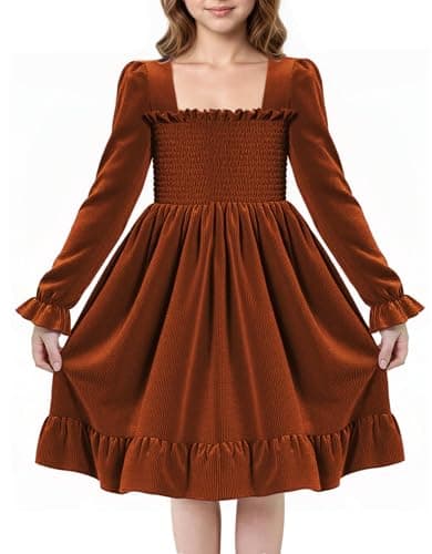 Image of JiAmy Girls Velvet Dress Long Sleeve Party Frock Elegant Square Neck Smocked Toddler Vintage Ruffle Princess Gown Dresses for Kids 3-4 Years, Orange
