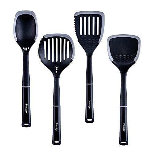 Image of Prestige 2-in-1 Kitchen Utensils Set of 4 - Cooking Utensils Set with Non Scratch Silicone Edges, Heat Resistant Kitchen Utensils to Protect Non Stick Cookware, Black & Grey