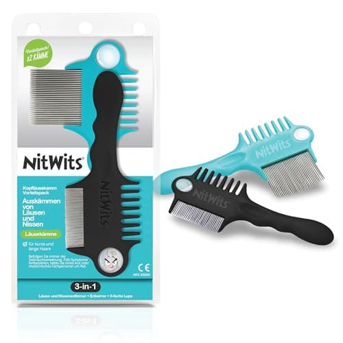 Image of NitWits Lice Comb Children & Adults (Pack of 2) - 3-in-1 Metal Lice and Nit Comb with Hair Detangler and Magnifying Glass